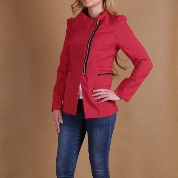Slim Fit Candy Red Zipper Jacket Blazer Long - Picture 3 of 12